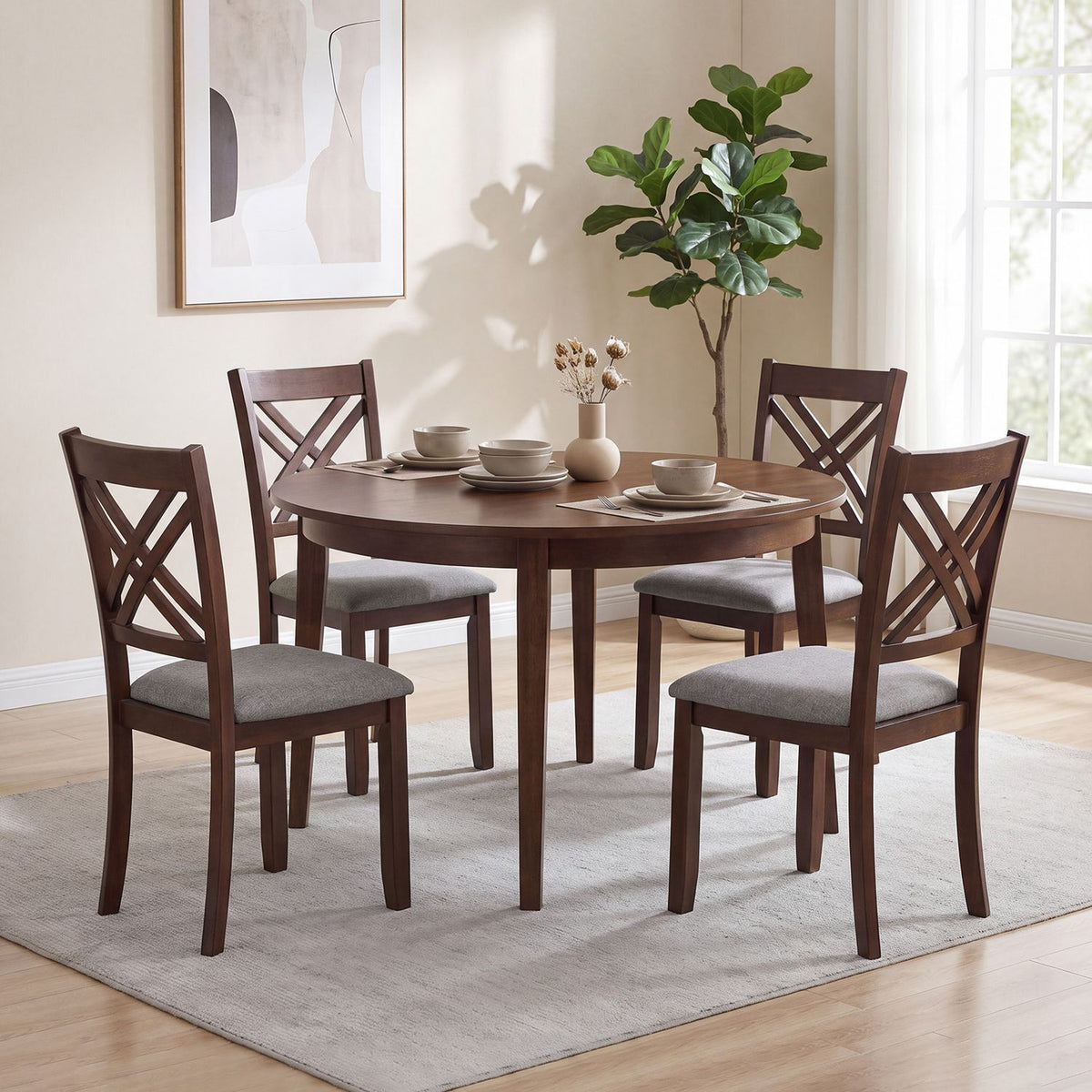 Wooden Dining Chairs Set of 4 with Fabric Padded Seat and Solid Rubber Wood for Kitchen