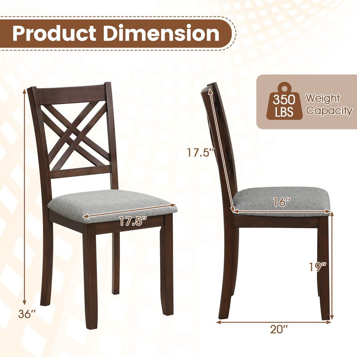 Wooden Dining Chairs Set of 4 with Fabric Padded Seat and Solid Rubber Wood for Kitchen