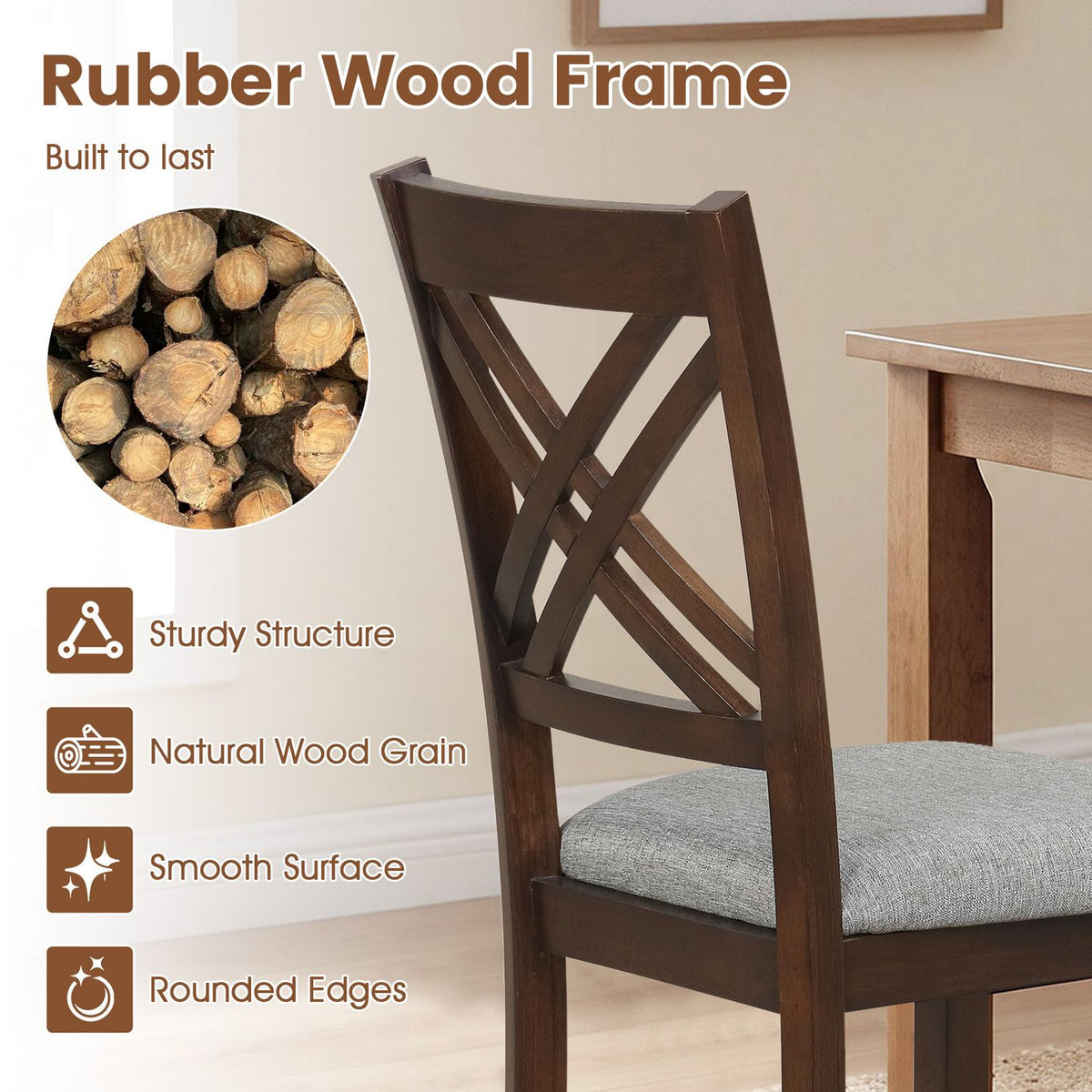 Wooden Dining Chairs Set of 4 with Fabric Padded Seat and Solid Rubber Wood for Kitchen