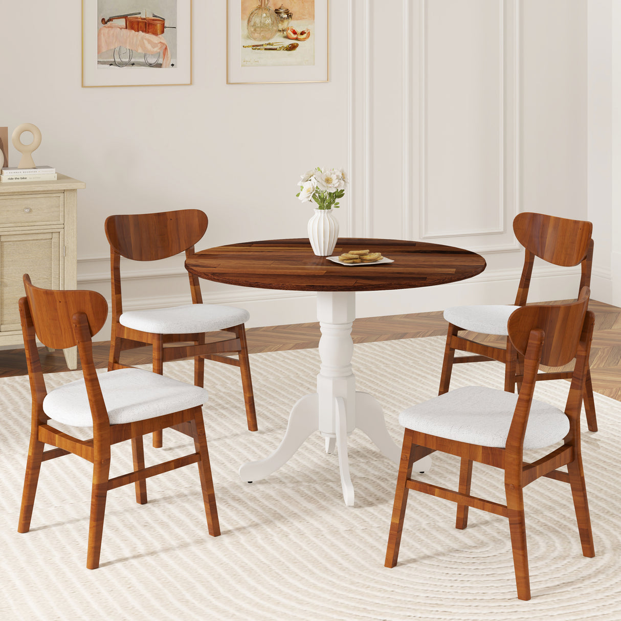 Wooden Dining Table with Round Tabletop and Curved Trestle Legs