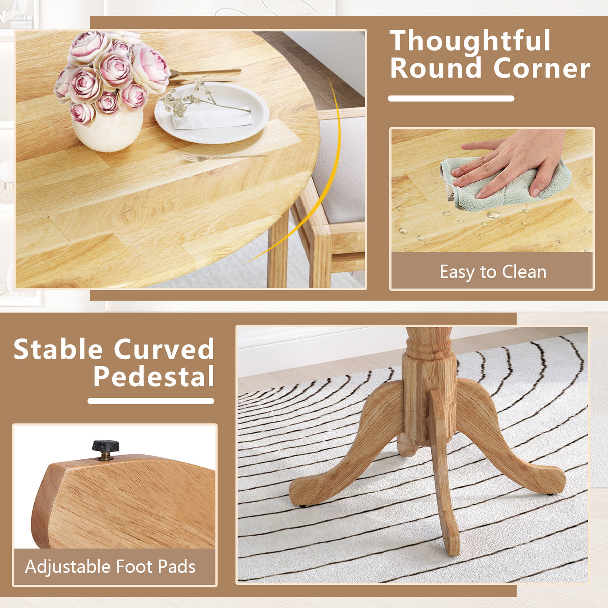 Wooden Dining Table with Round Tabletop and Curved Trestle Legs