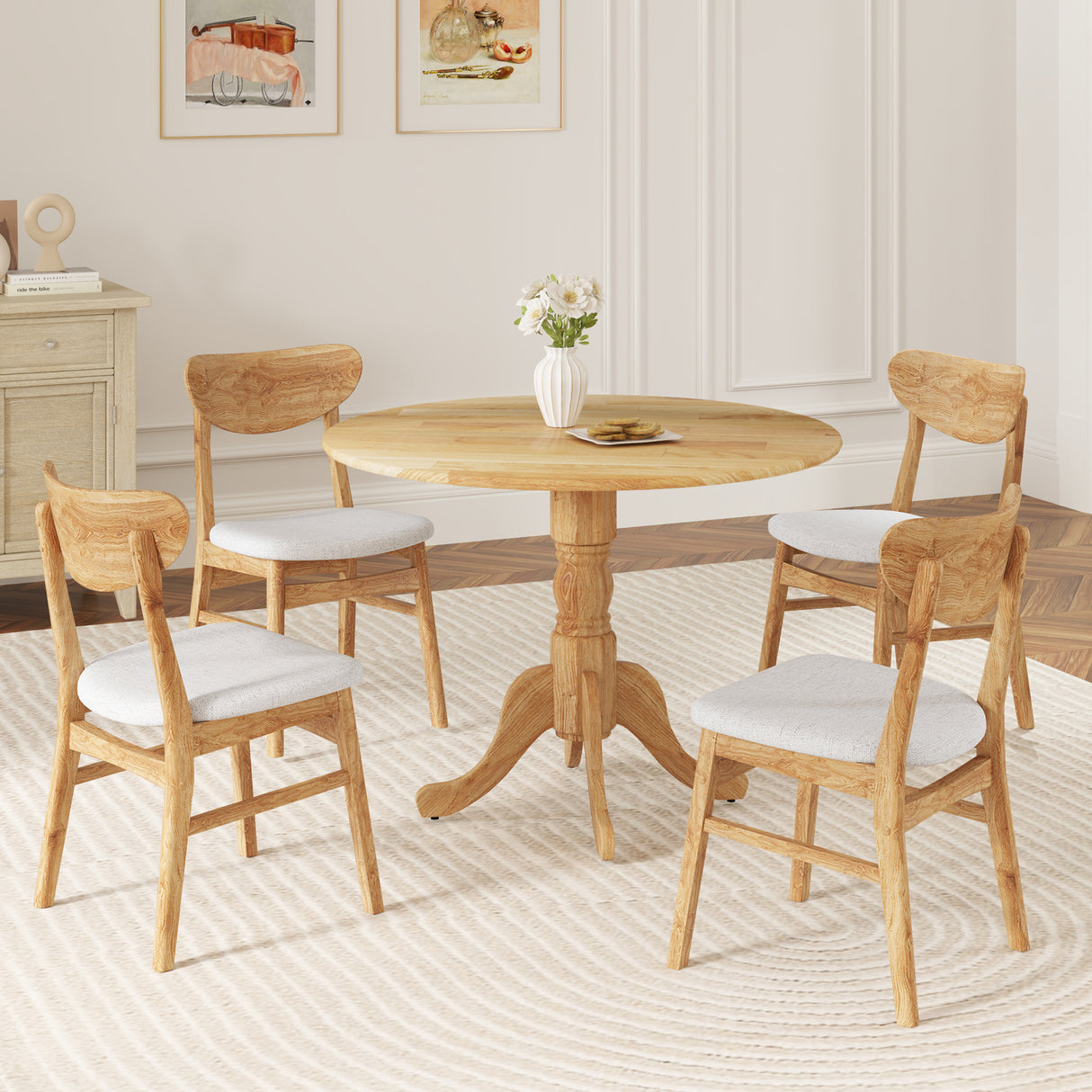 Wooden Dining Table with Round Tabletop and Curved Trestle Legs