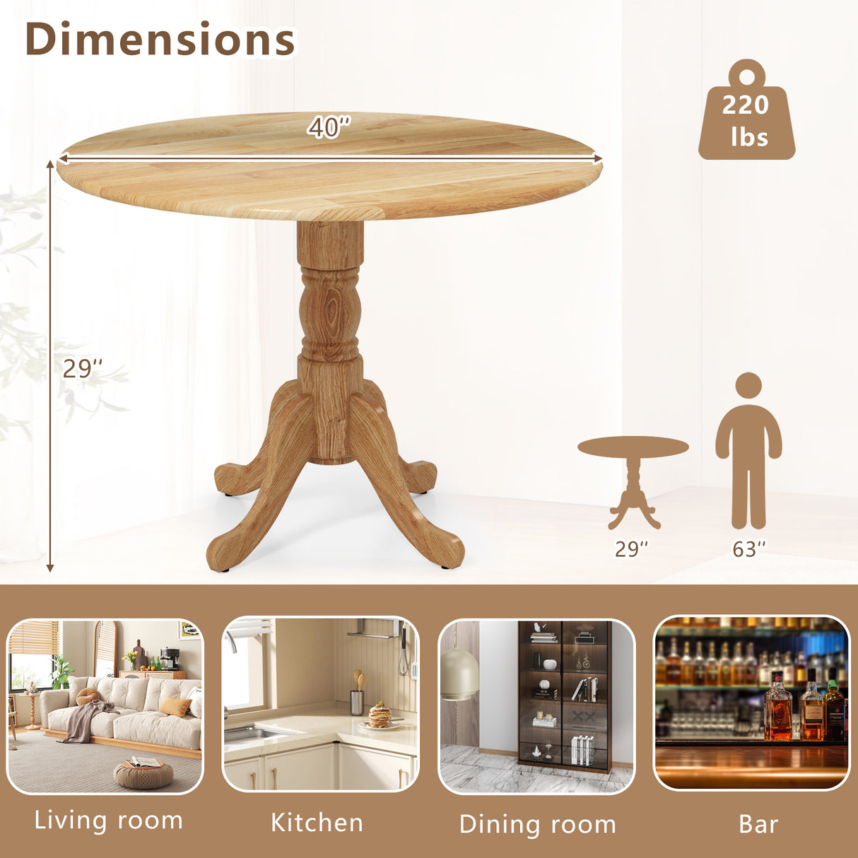 Wooden Dining Table with Round Tabletop and Curved Trestle Legs