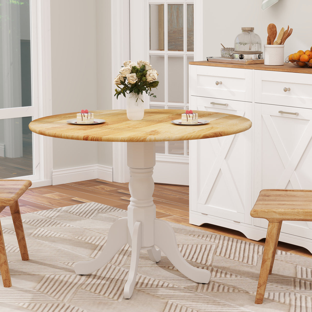 Wooden Dining Table with Round Tabletop and Curved Trestle Legs