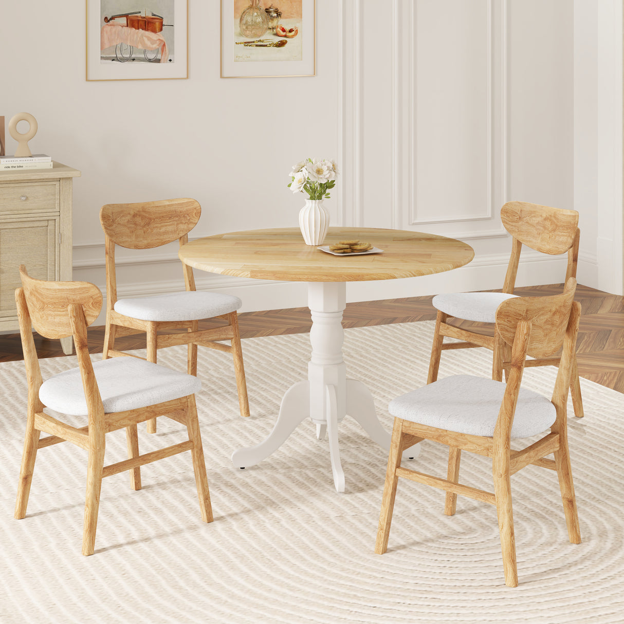 Wooden Dining Table with Round Tabletop and Curved Trestle Legs