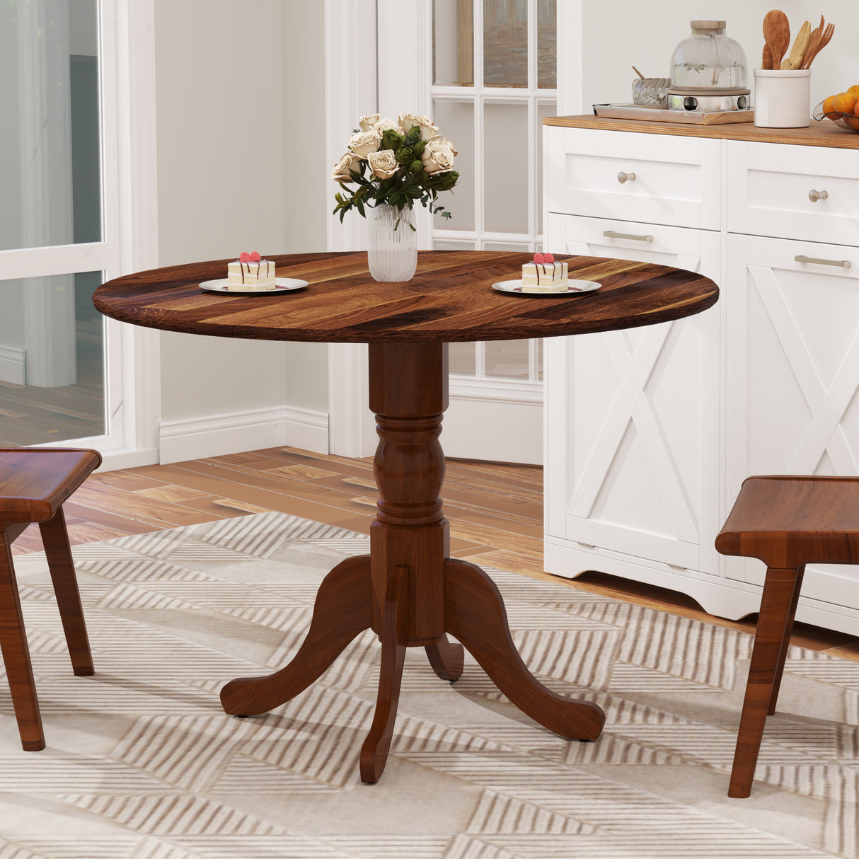 Wooden Dining Table with Round Tabletop and Curved Trestle Legs