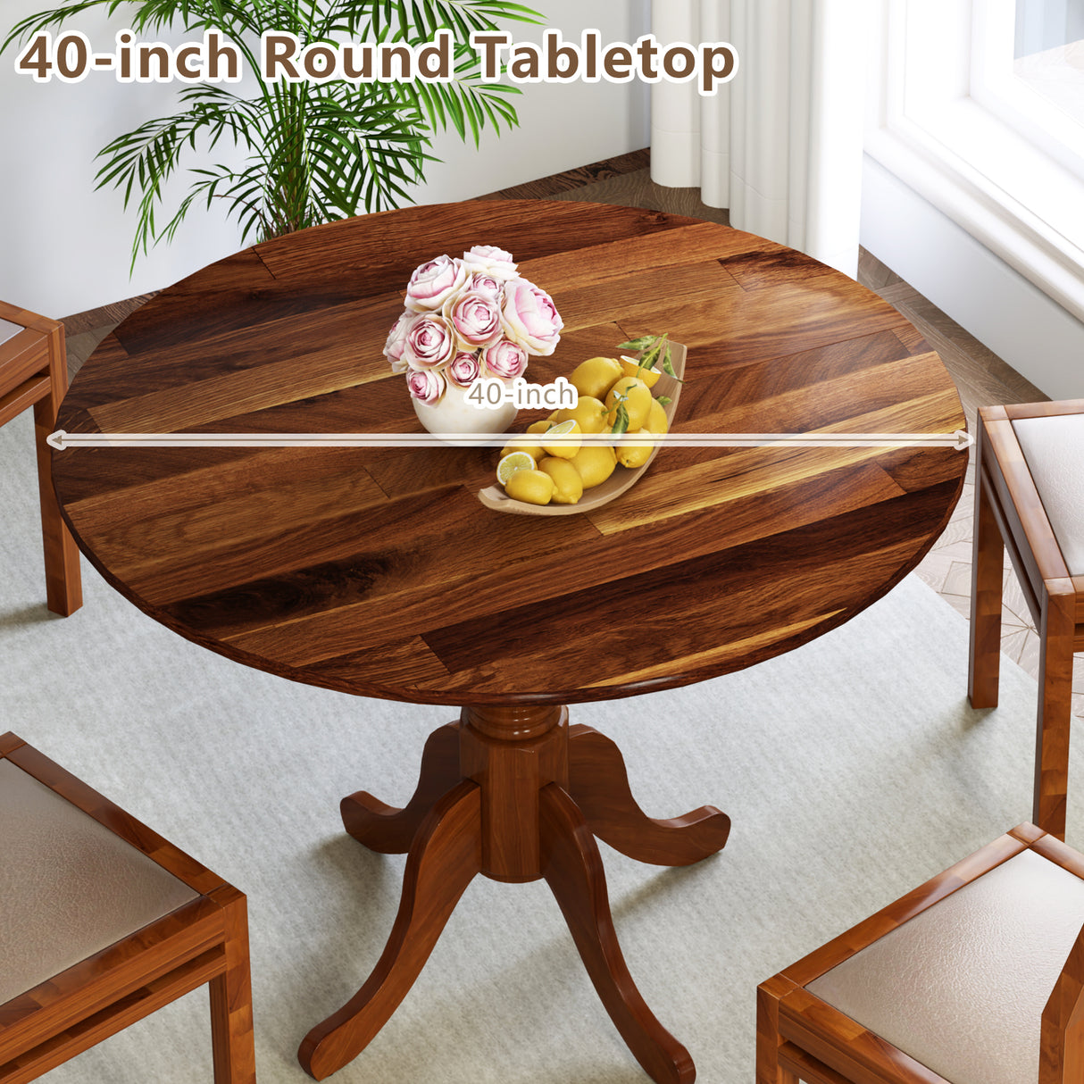 Wooden Dining Table with Round Tabletop and Curved Trestle Legs