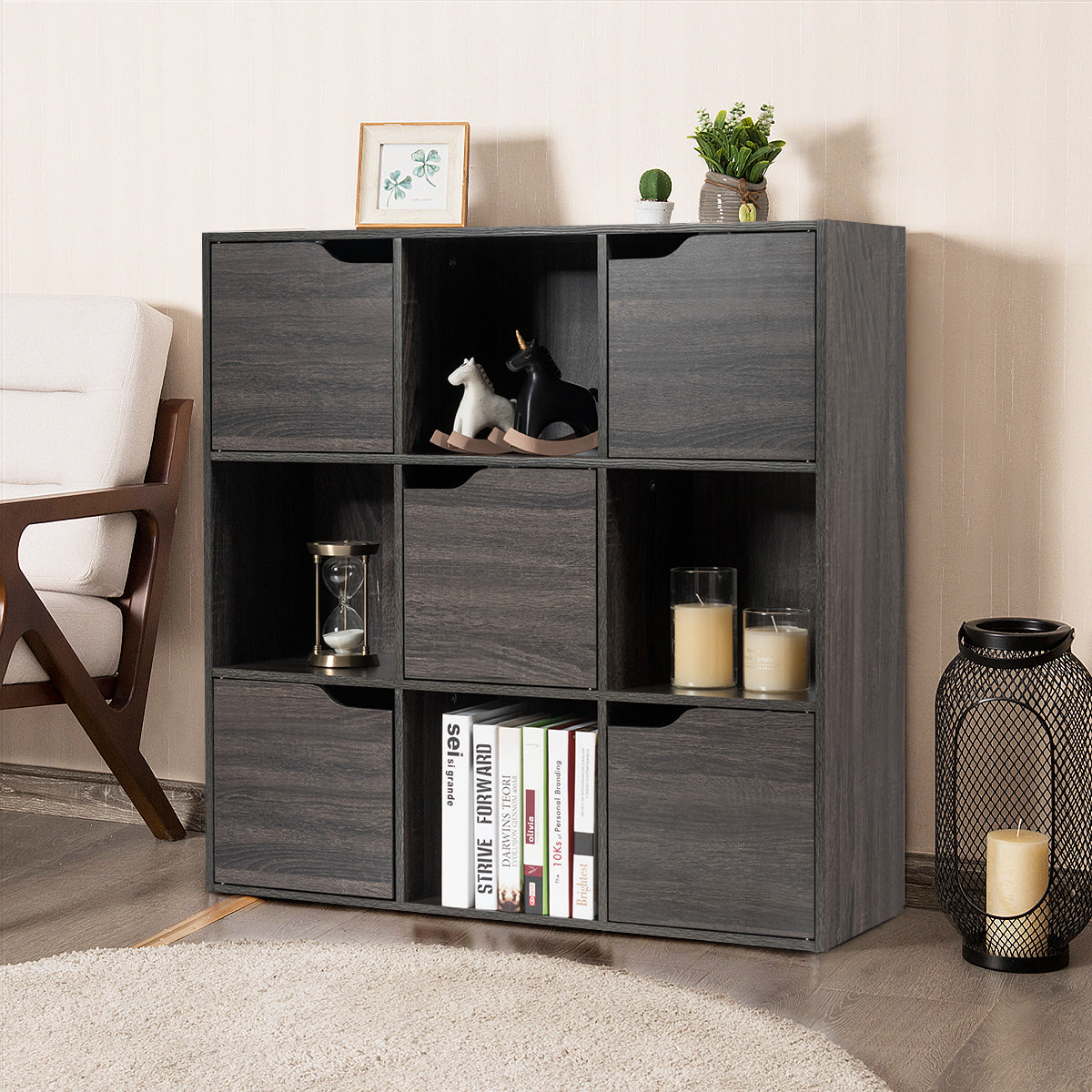 Free Standing 9 Cube Storage Wood Divider Bookcase for Home and Office