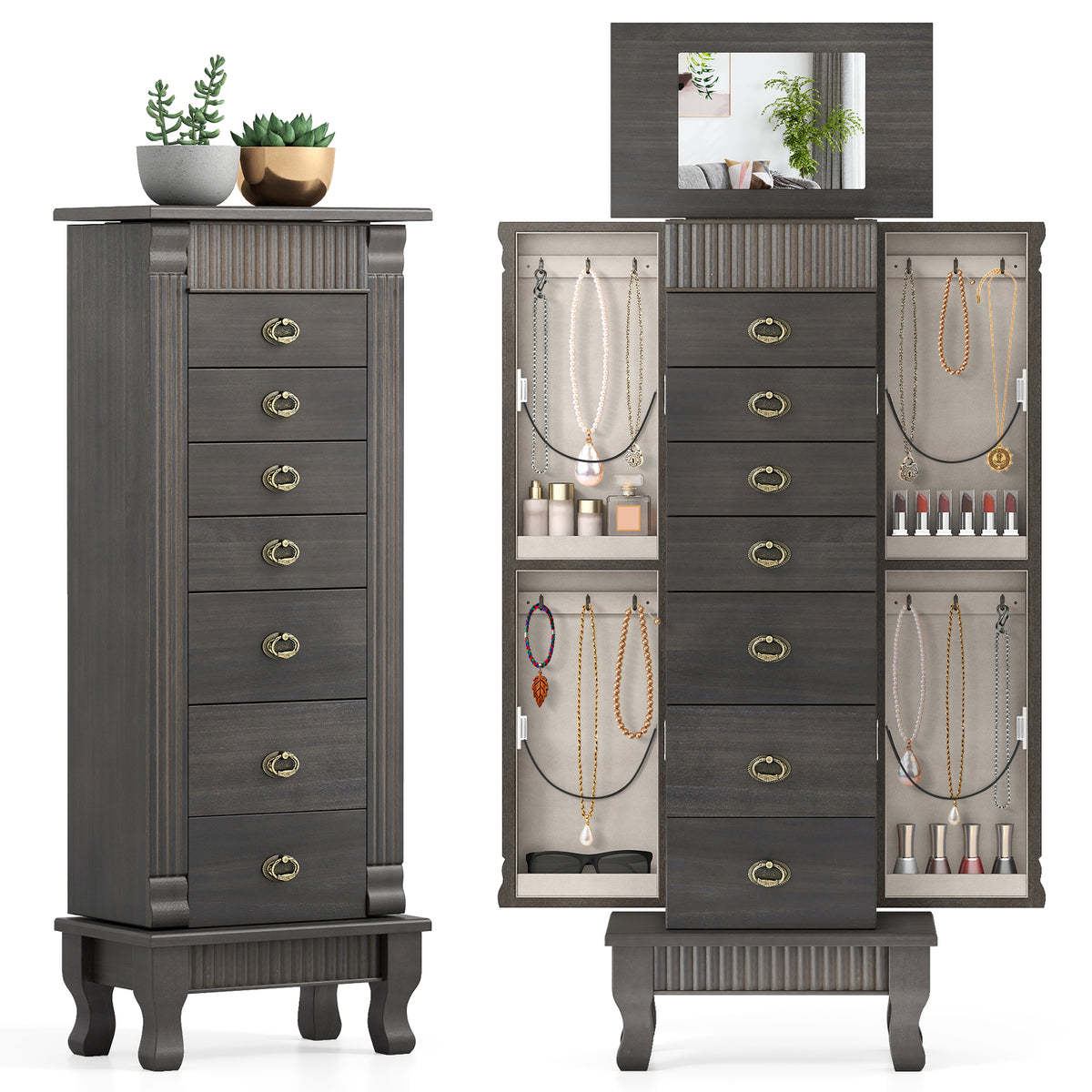 Wooden Jewelry Armoire Cabinet Storage Chest with Drawers and Swing Doors