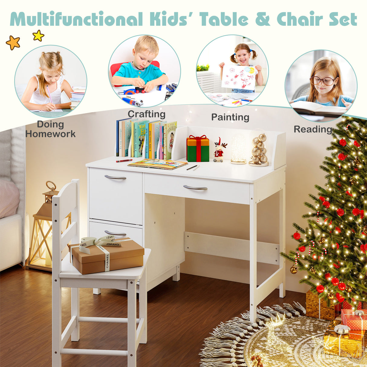 Wooden Kids Study Desk and Chair Set Student Workstation