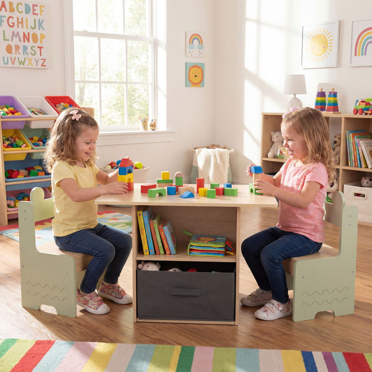 Wooden Kids Table and Chairs Set with 2 Open Compartments-Green