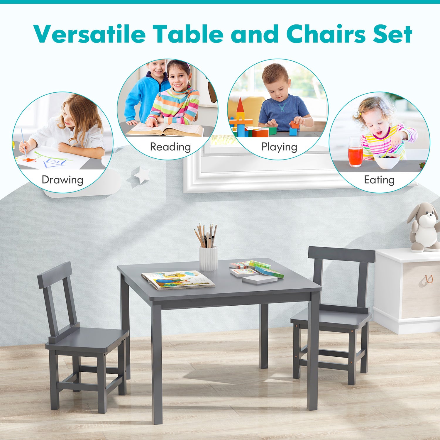 Wooden Kids Table and 2 Chairs Set with Anti-slip Foot Pads
