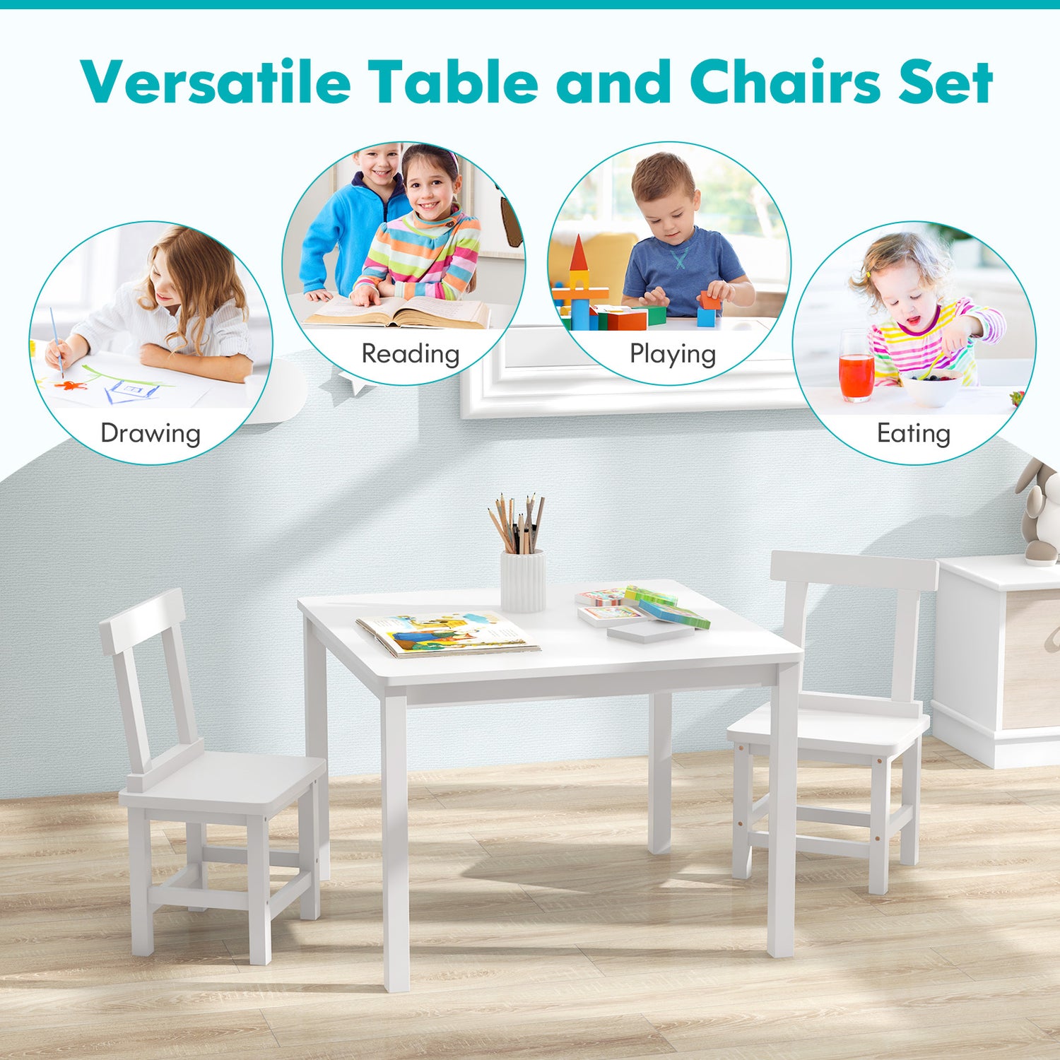 Wooden Kids Table and 2 Chairs Set with Anti-slip Foot Pads