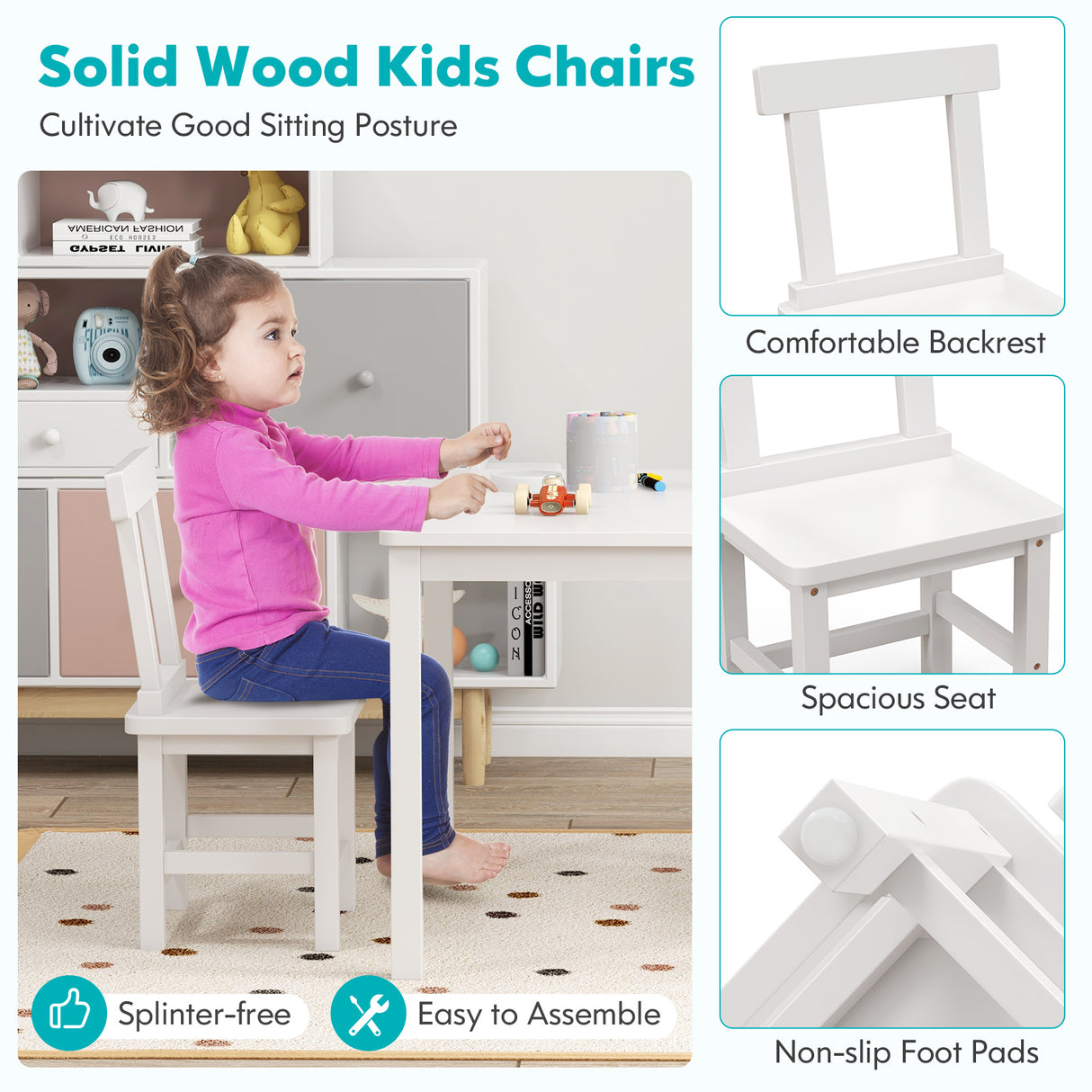 Wooden Kids Table and 2 Chairs Set with Anti-slip Foot Pads