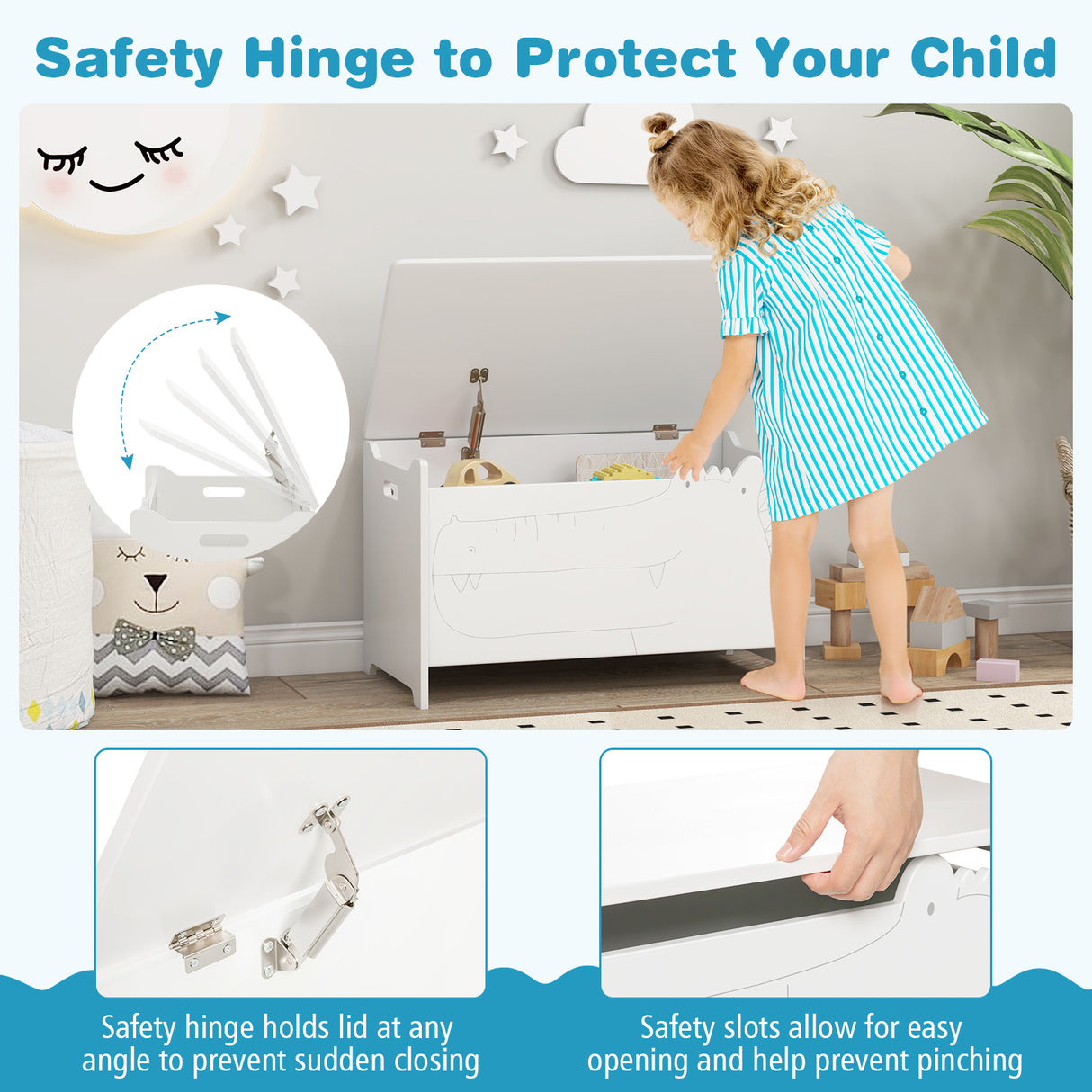 Wooden Kids Toy Box with Safety Hinge