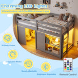Wooden Low Kids Loft Bed with  LED Lights and 2 Doors
