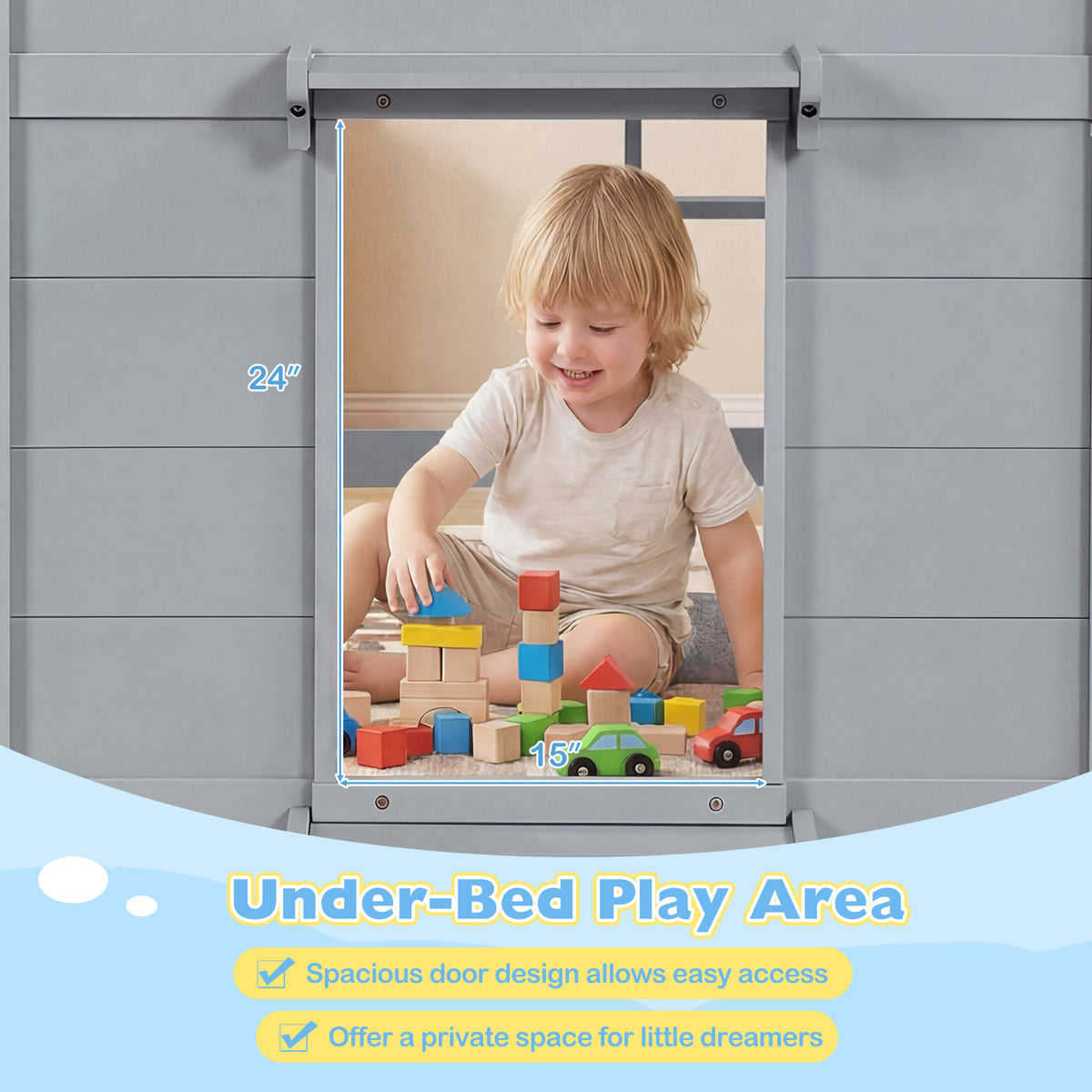 Wooden Low Kids Loft Bed with  LED Lights and 2 Doors