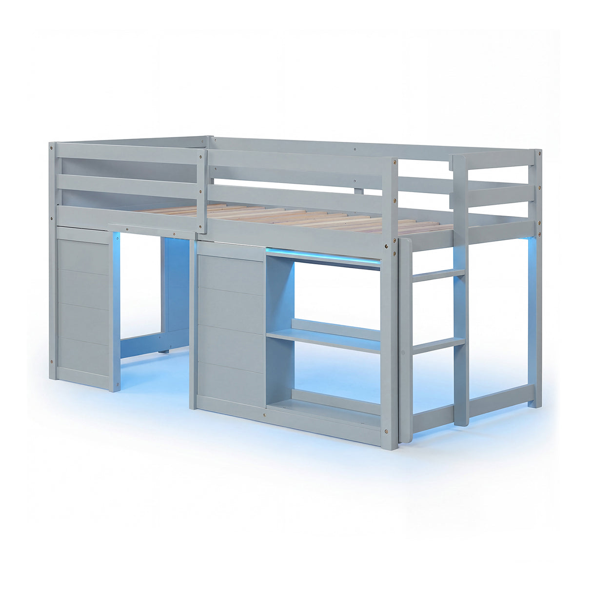 Wooden Low Kids Loft Bed with  LED Lights and 2 Doors