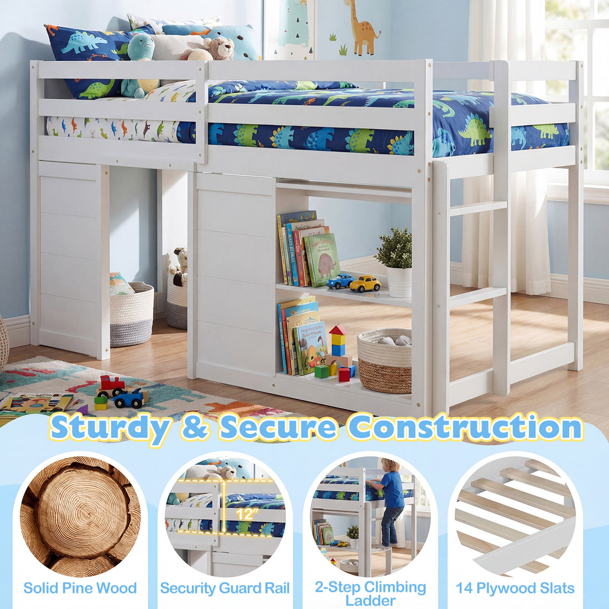 Wooden Low Kids Loft Bed with  LED Lights and 2 Doors