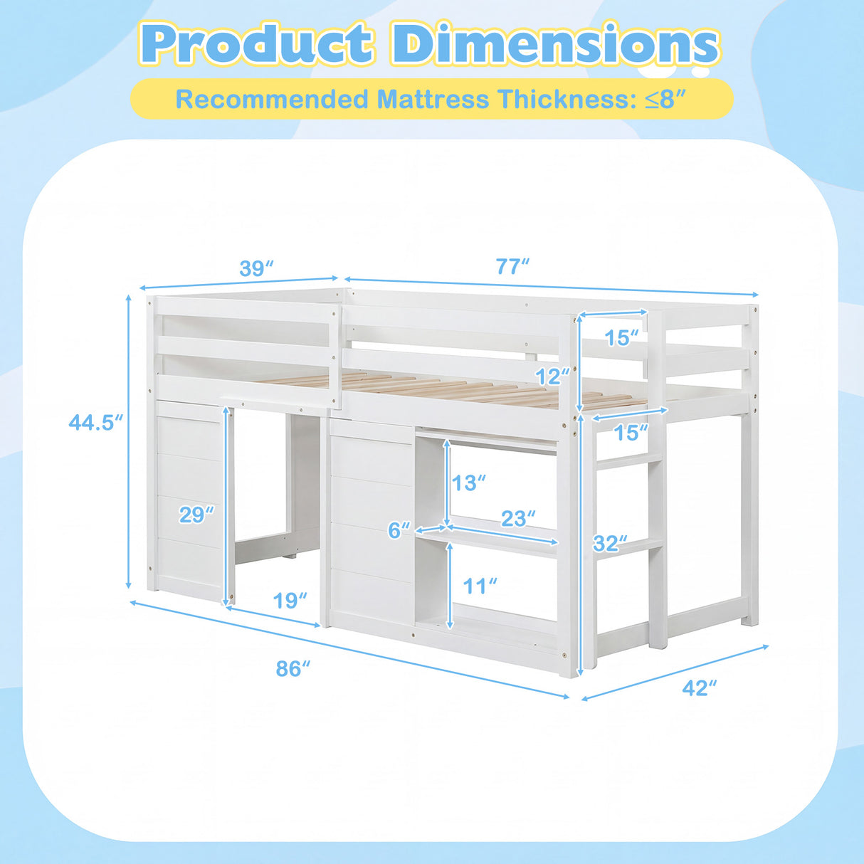 Wooden Low Kids Loft Bed with  LED Lights and 2 Doors