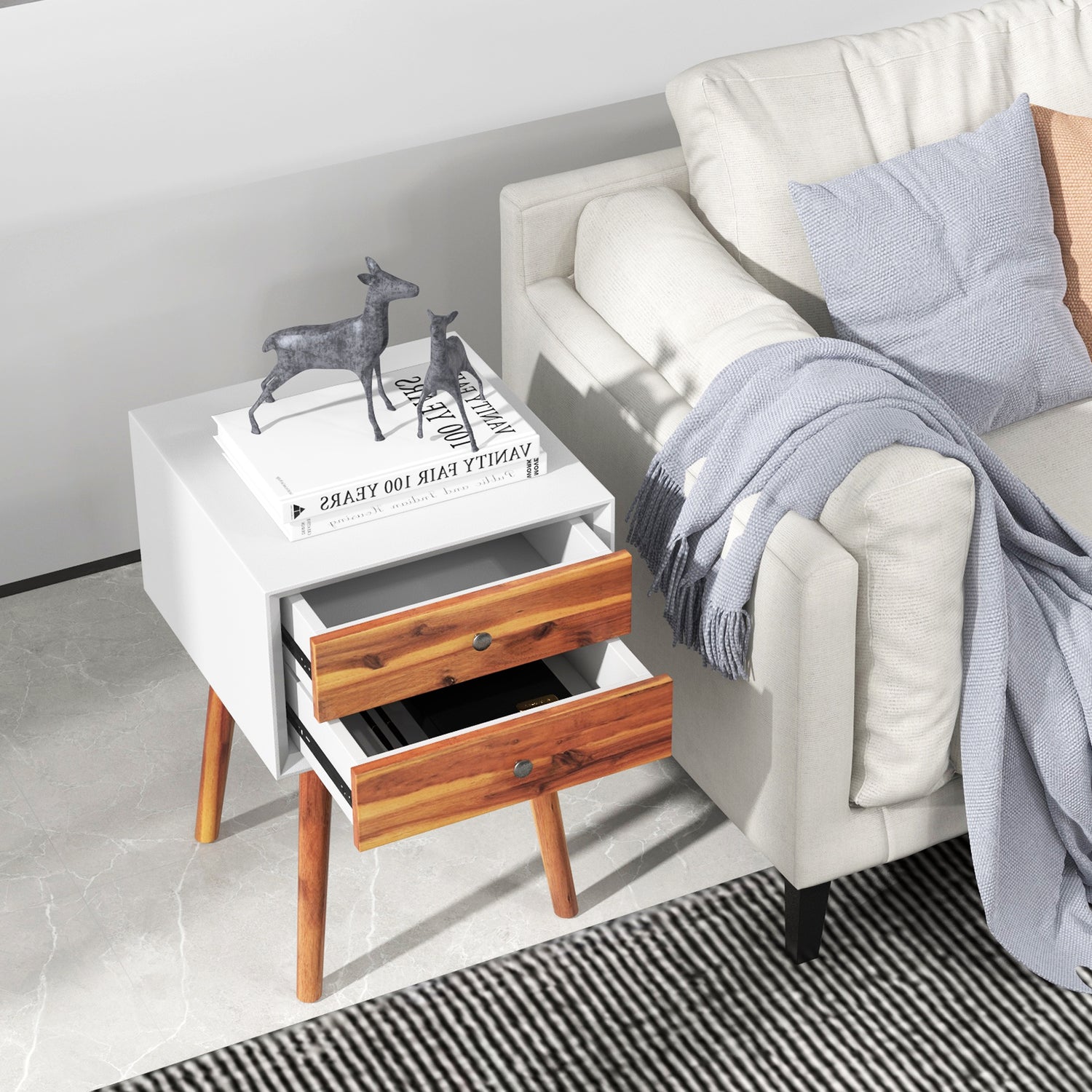 Mid-Century Wooden Multipurpose End Table with 2 Storage Drawers