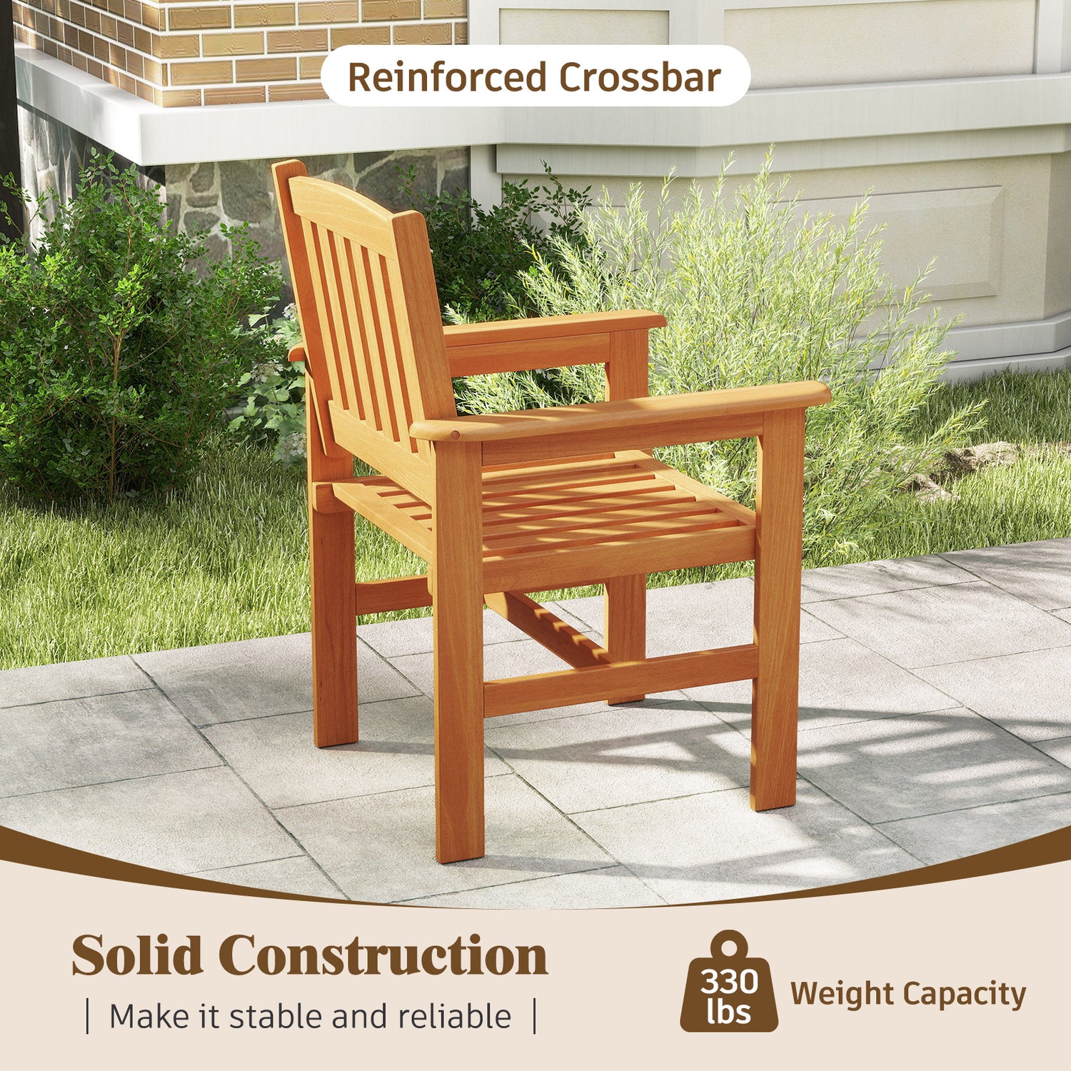 Wooden Patio Chairs Set of 2 with Inclined Backrests