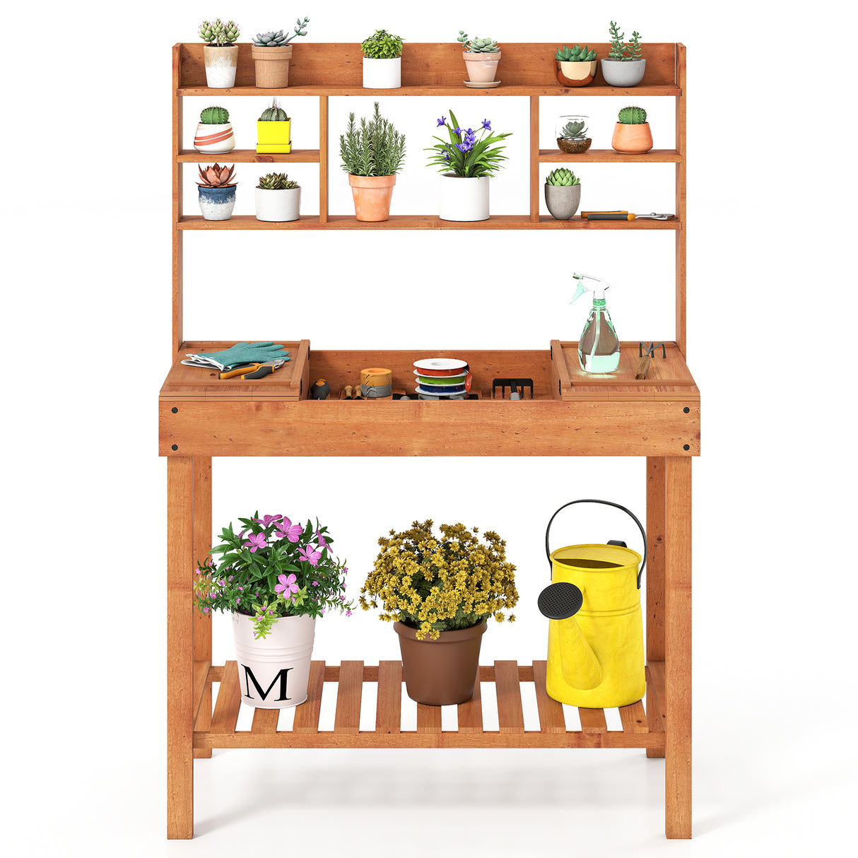 Wooden Potting Bench Table  61" Garden Planting Workstation with 3-Tier Open Shelf-Brown