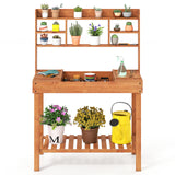 Wooden Potting Bench Table  61" Garden Planting Workstation with 3-Tier Open Shelf-Brown