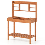 Wooden Potting Bench Table  61" Garden Planting Workstation with 3-Tier Open Shelf-Brown