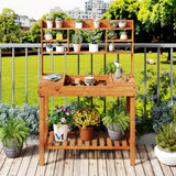 Wooden Potting Bench Table  61" Garden Planting Workstation with 3-Tier Open Shelf-Brown