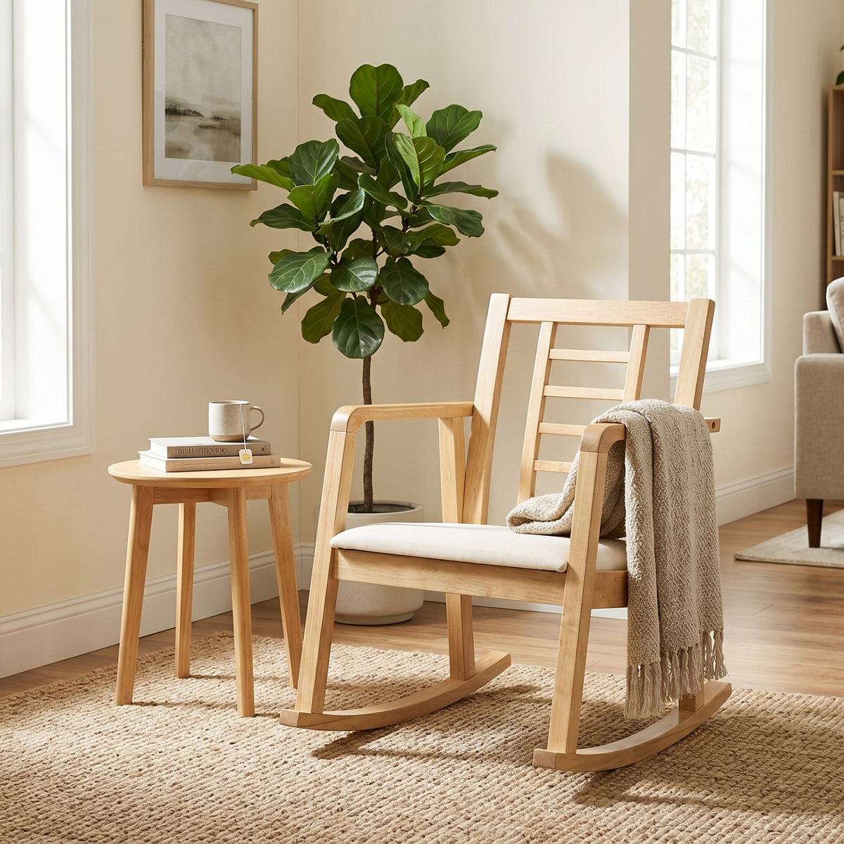 Wooden Rocking Chair with Upholstered Seat and Ladder Back for Living Room