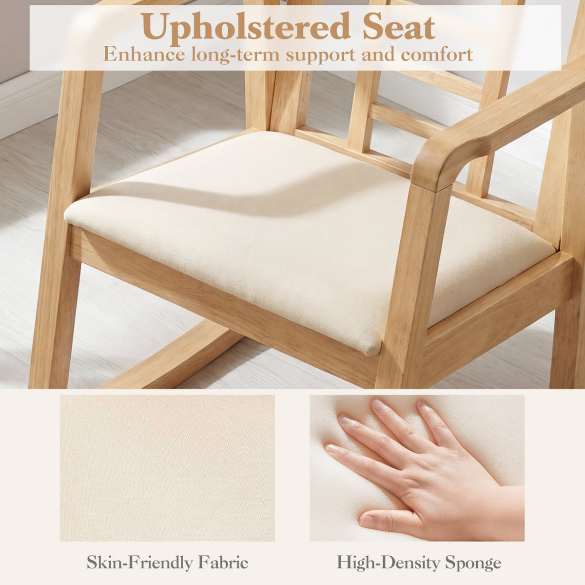 Wooden Rocking Chair with Upholstered Seat and Ladder Back for Living Room