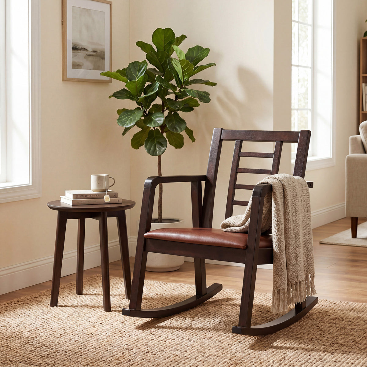 Wooden Rocking Chair with Upholstered Seat and Ladder Back for Living Room