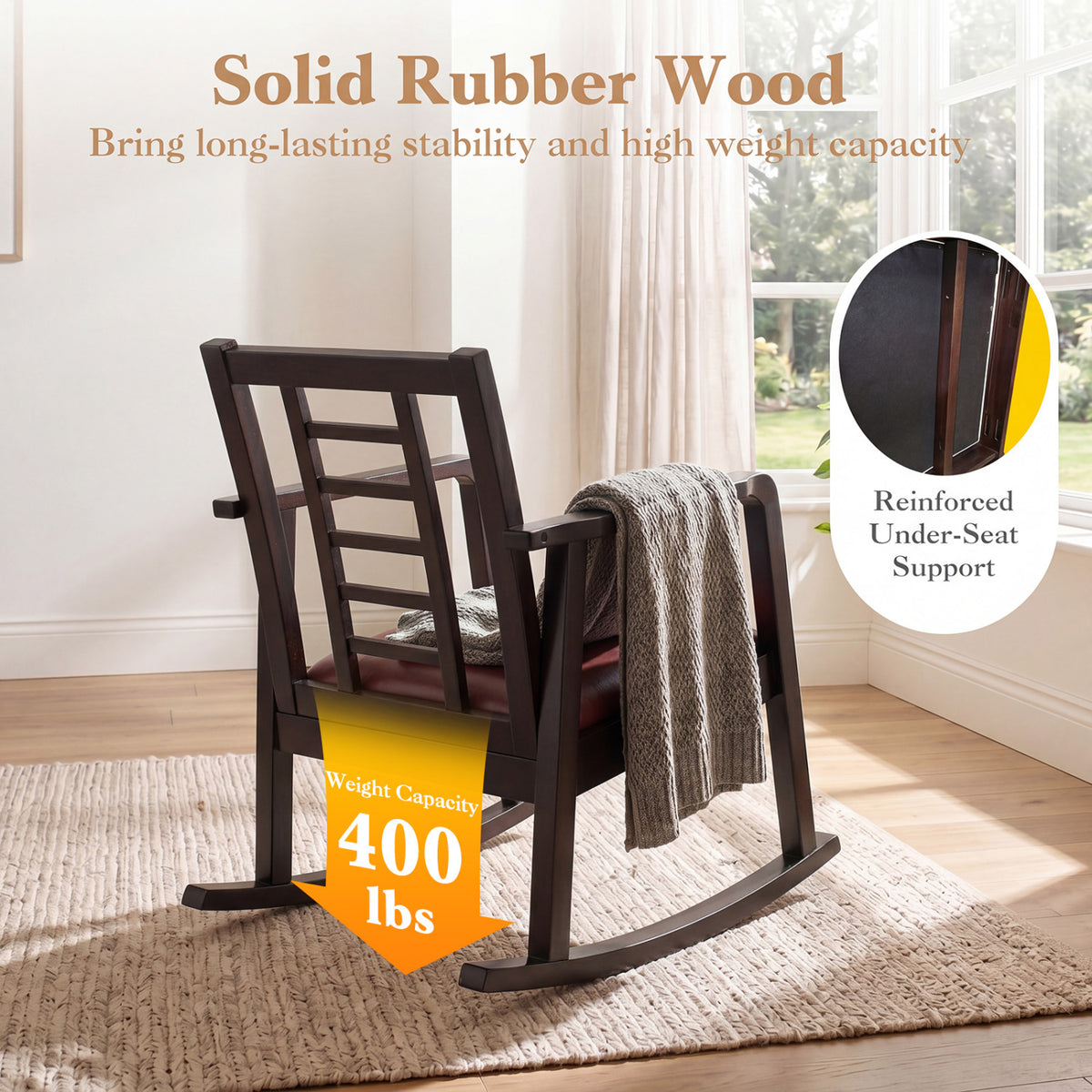 Wooden Rocking Chair with Upholstered Seat and Ladder Back for Living Room