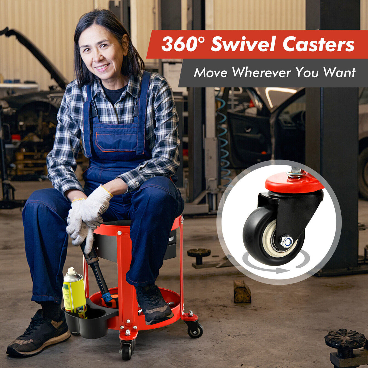 Rolling Mechanic Stool with Removable Padded Seat and Drawers