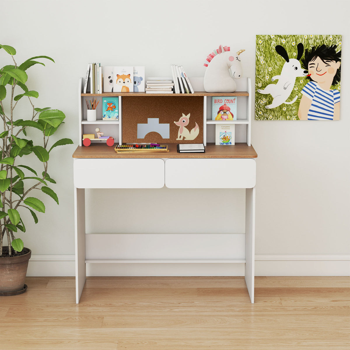 Writing Table with Cork Bulletin Board and Charging Station 5-Level Adjustable Shelves-White