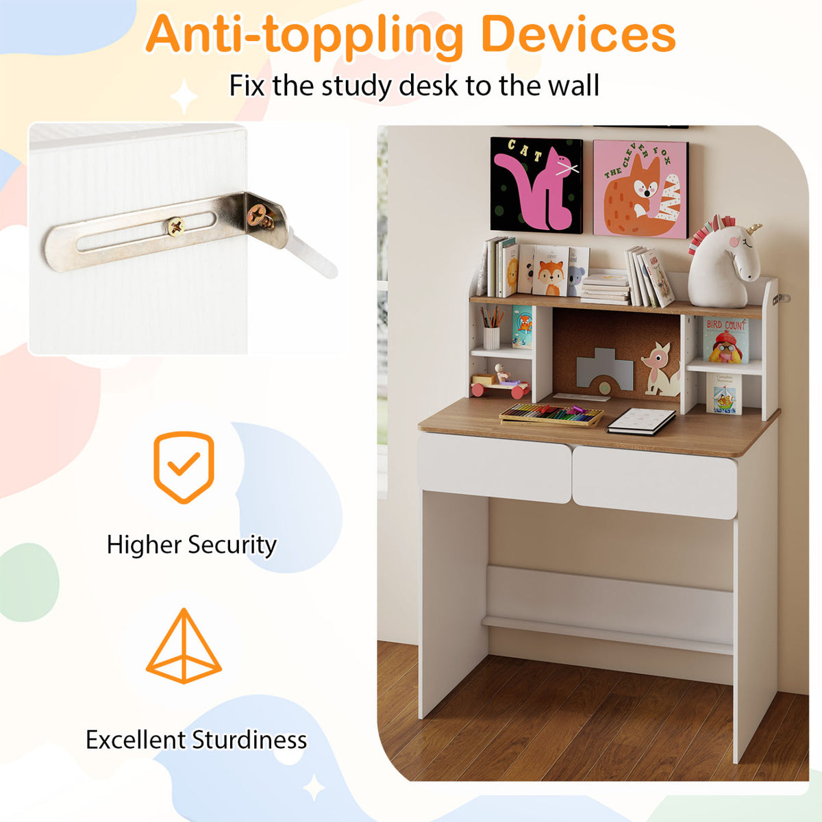 Writing Table with Cork Bulletin Board and Charging Station 5-Level Adjustable Shelves-White