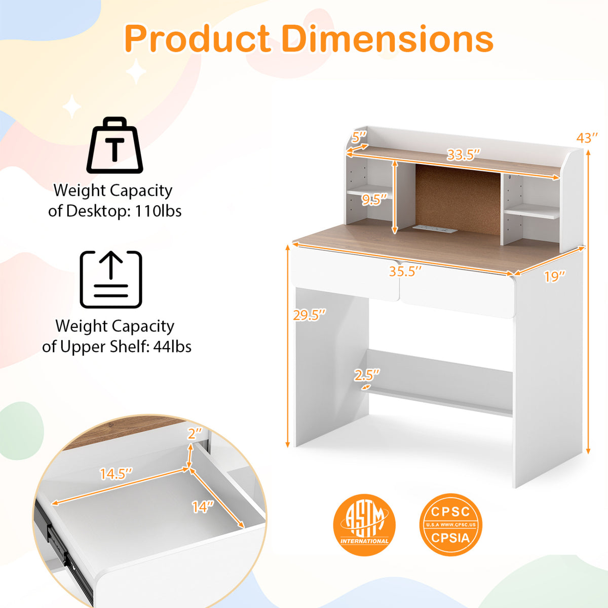 Writing Table with Cork Bulletin Board and Charging Station 5-Level Adjustable Shelves-White
