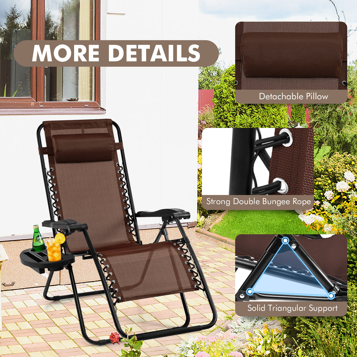 Outdoor Folding Zero Gravity Reclining Lounge Chair with Utility Tray