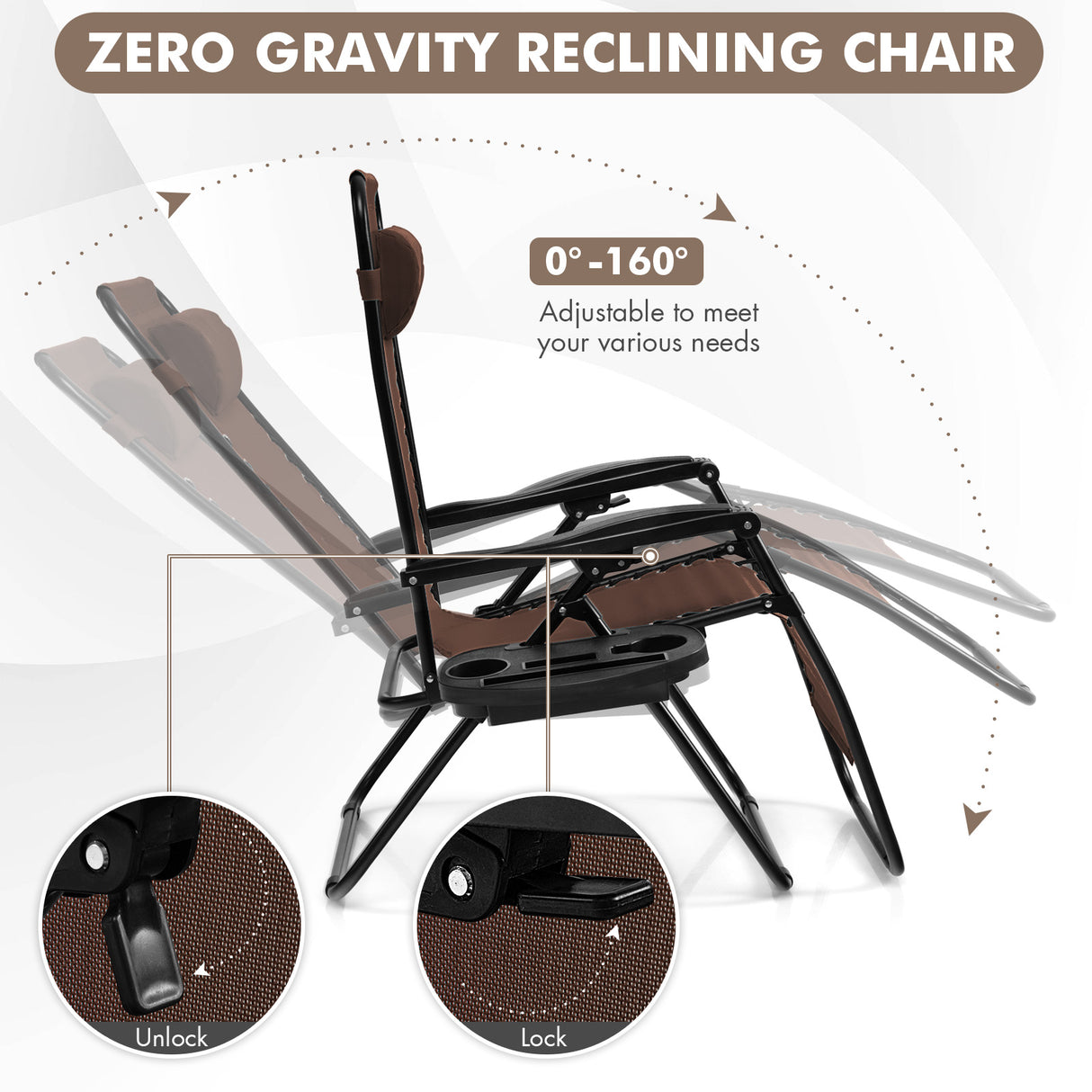 Outdoor Folding Zero Gravity Reclining Lounge Chair with Utility Tray