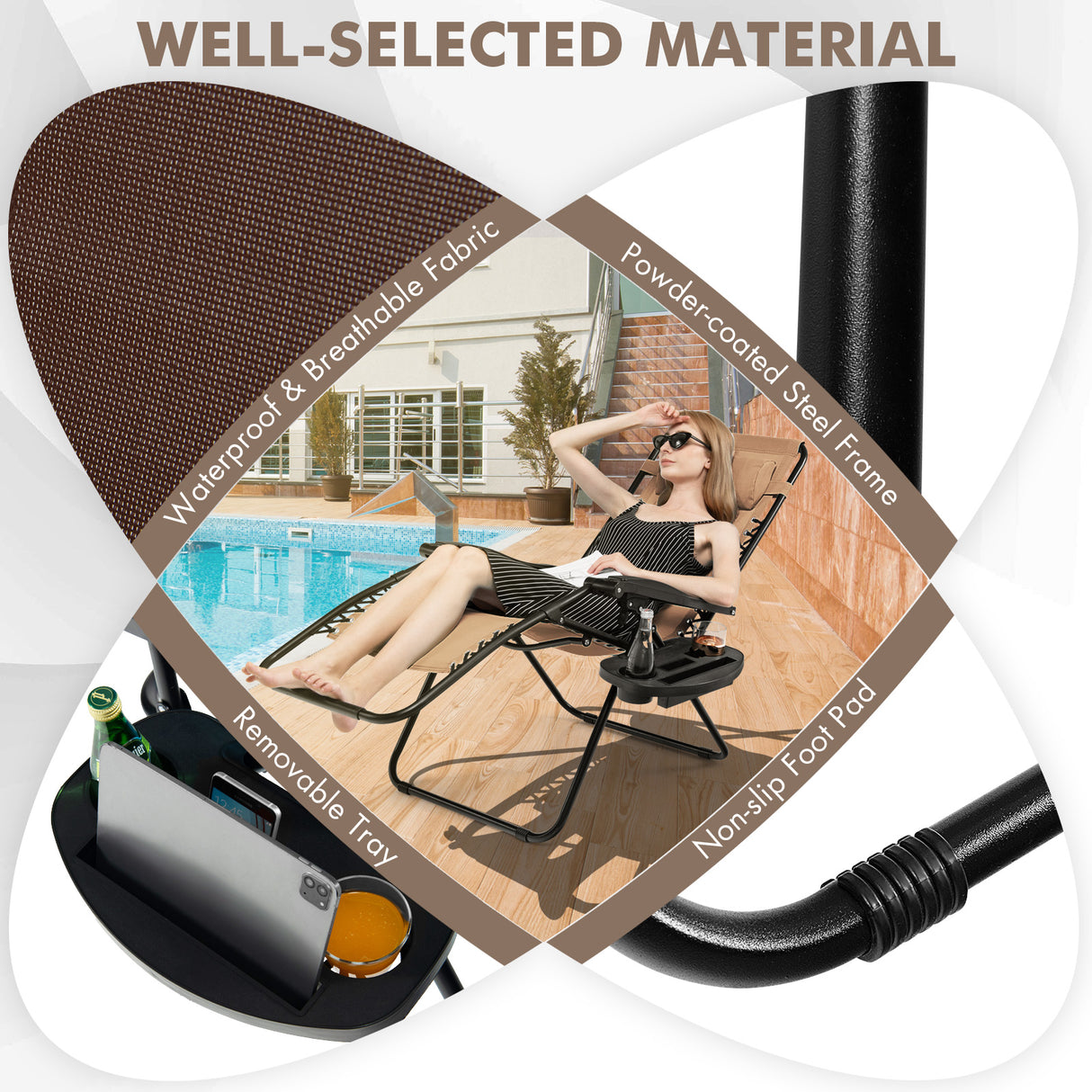 Outdoor Folding Zero Gravity Reclining Lounge Chair with Utility Tray