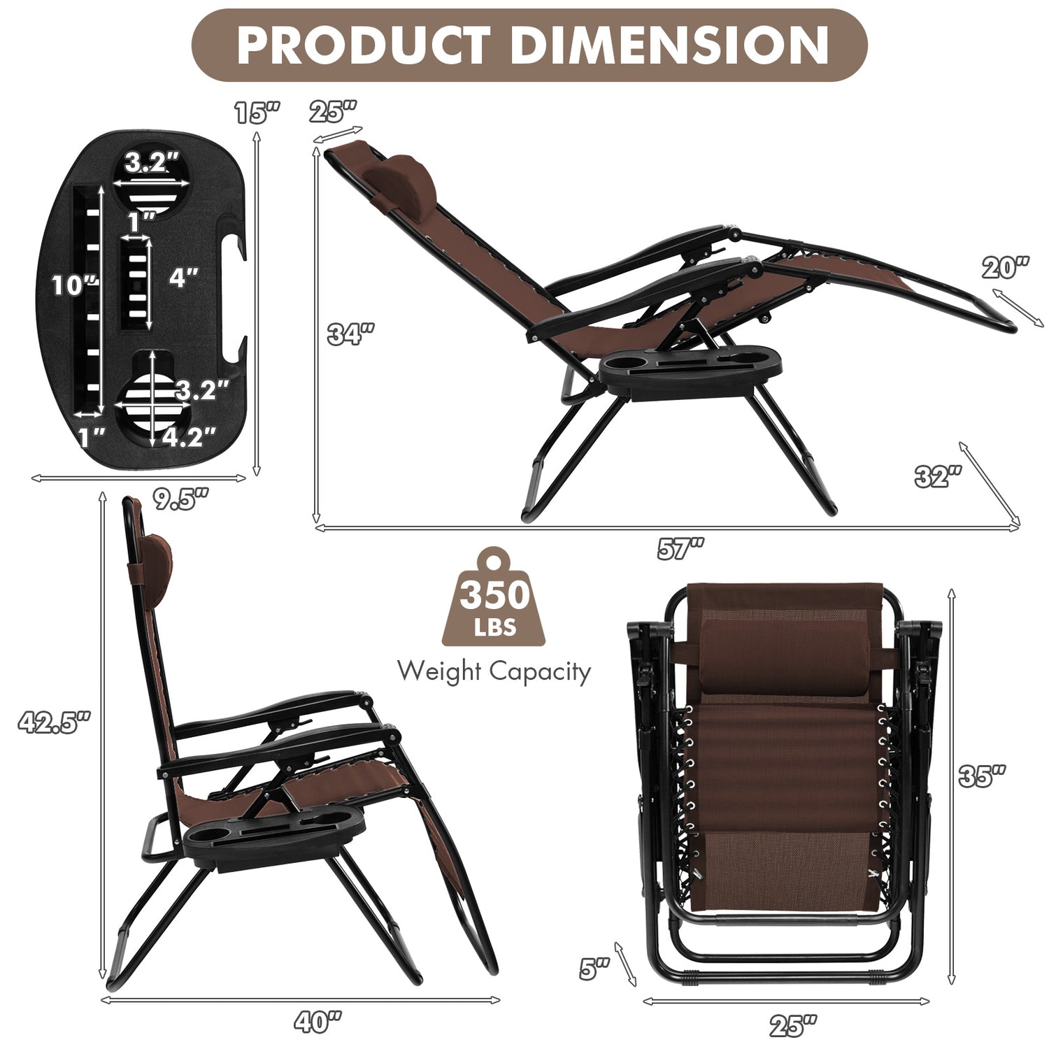 Outdoor Folding Zero Gravity Reclining Lounge Chair with Utility Tray