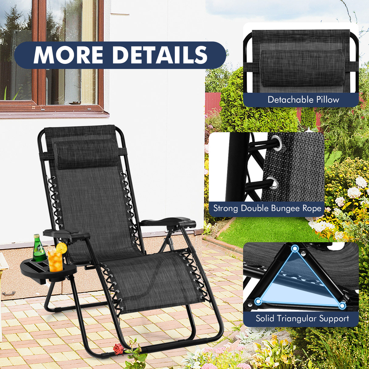 Outdoor Folding Zero Gravity Reclining Lounge Chair with Utility Tray