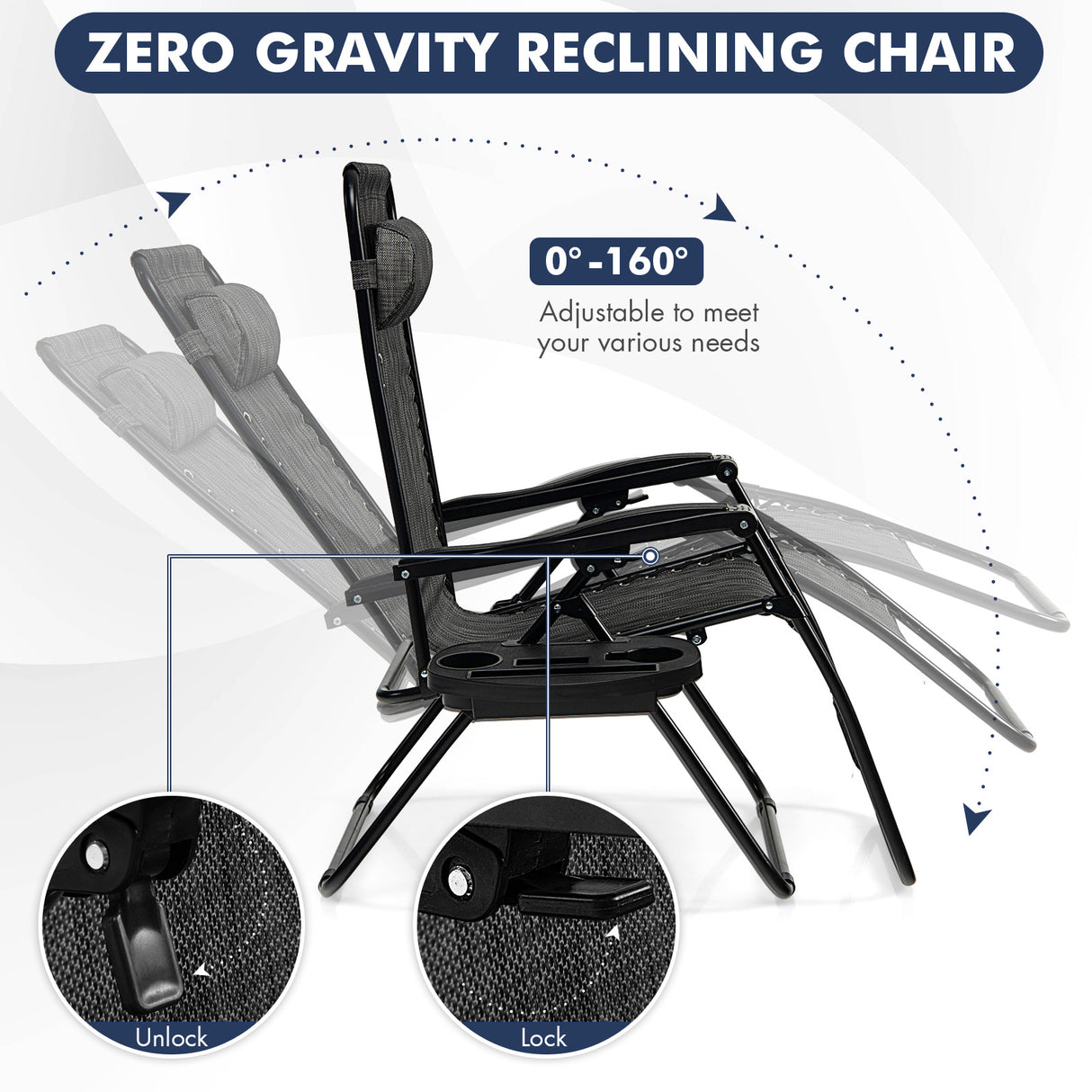 Outdoor Folding Zero Gravity Reclining Lounge Chair with Utility Tray