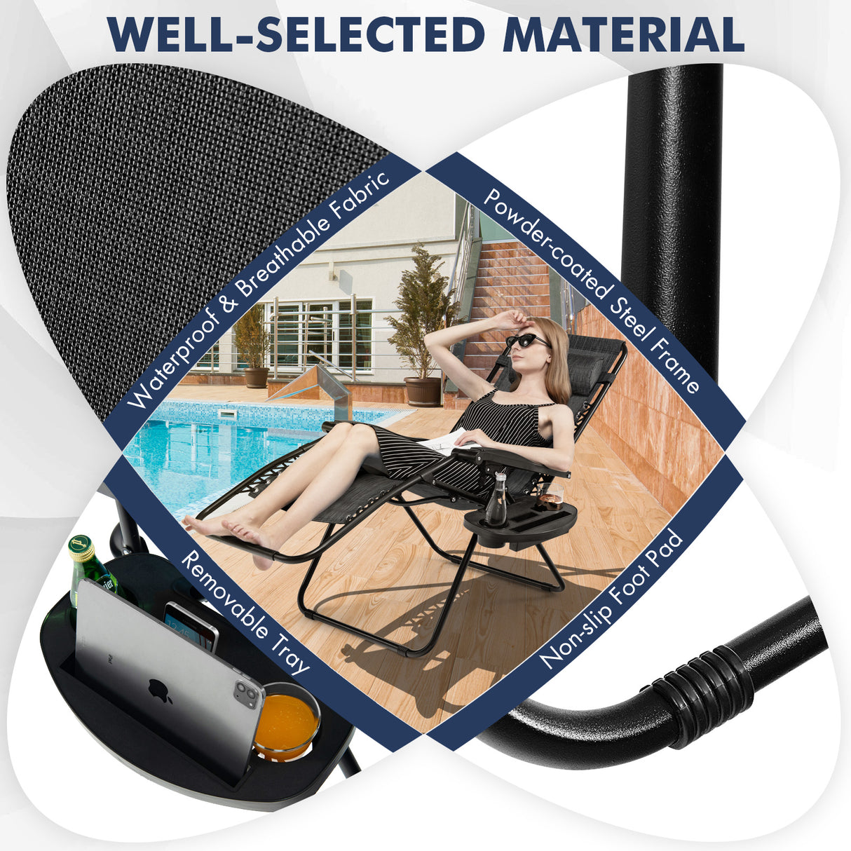 Outdoor Folding Zero Gravity Reclining Lounge Chair with Utility Tray