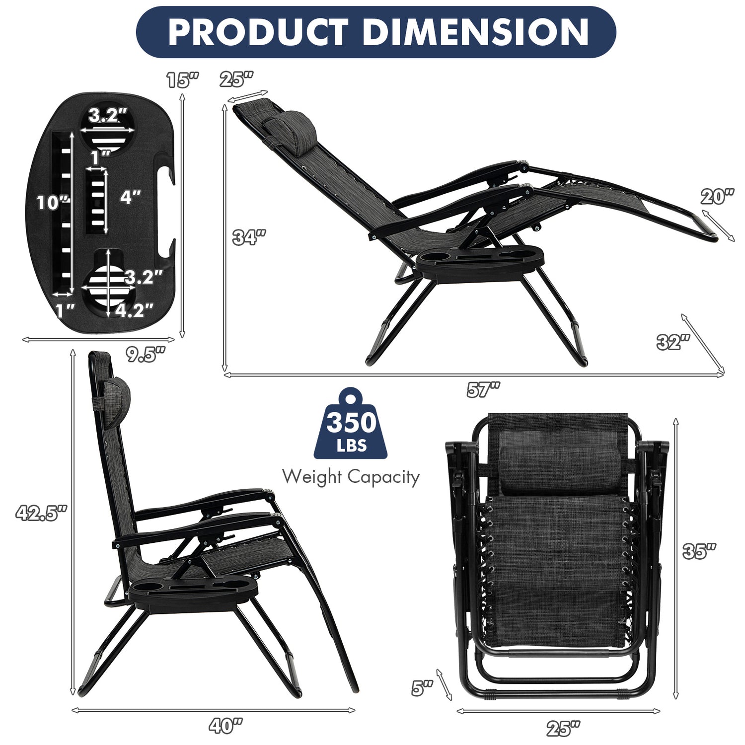 Outdoor Folding Zero Gravity Reclining Lounge Chair with Utility Tray
