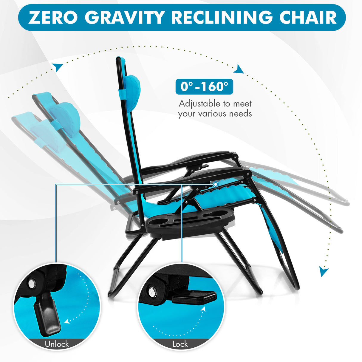 Outdoor Folding Zero Gravity Reclining Lounge Chair with Utility Tray