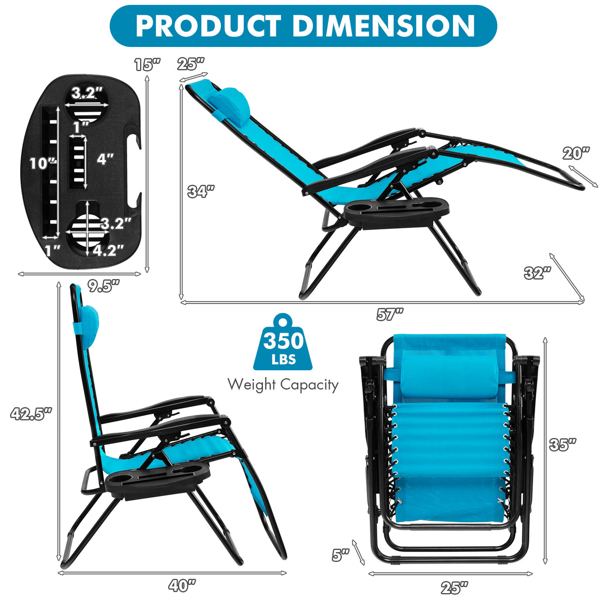 Outdoor Folding Zero Gravity Reclining Lounge Chair with Utility Tray