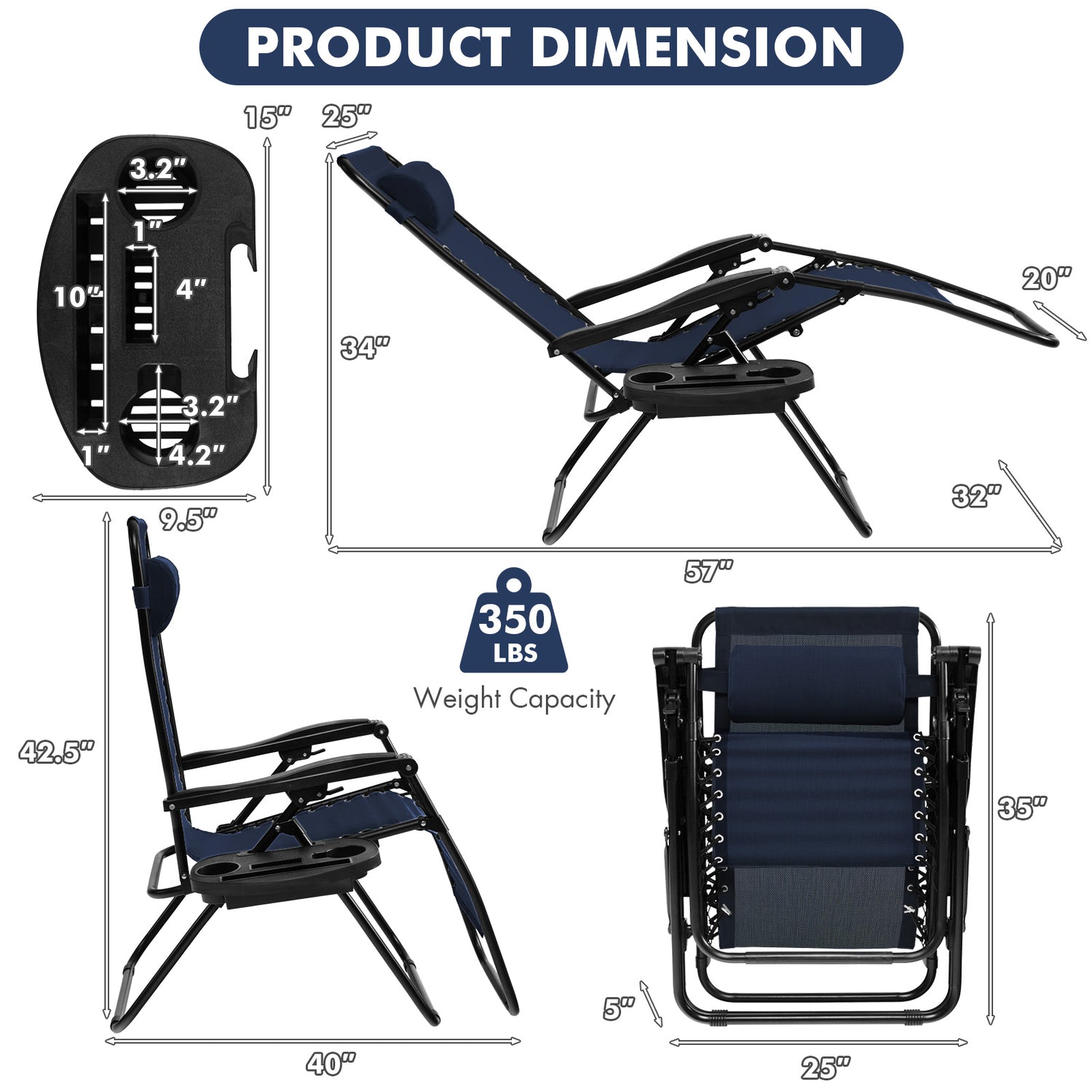 Outdoor Folding Zero Gravity Reclining Lounge Chair with Utility Tray