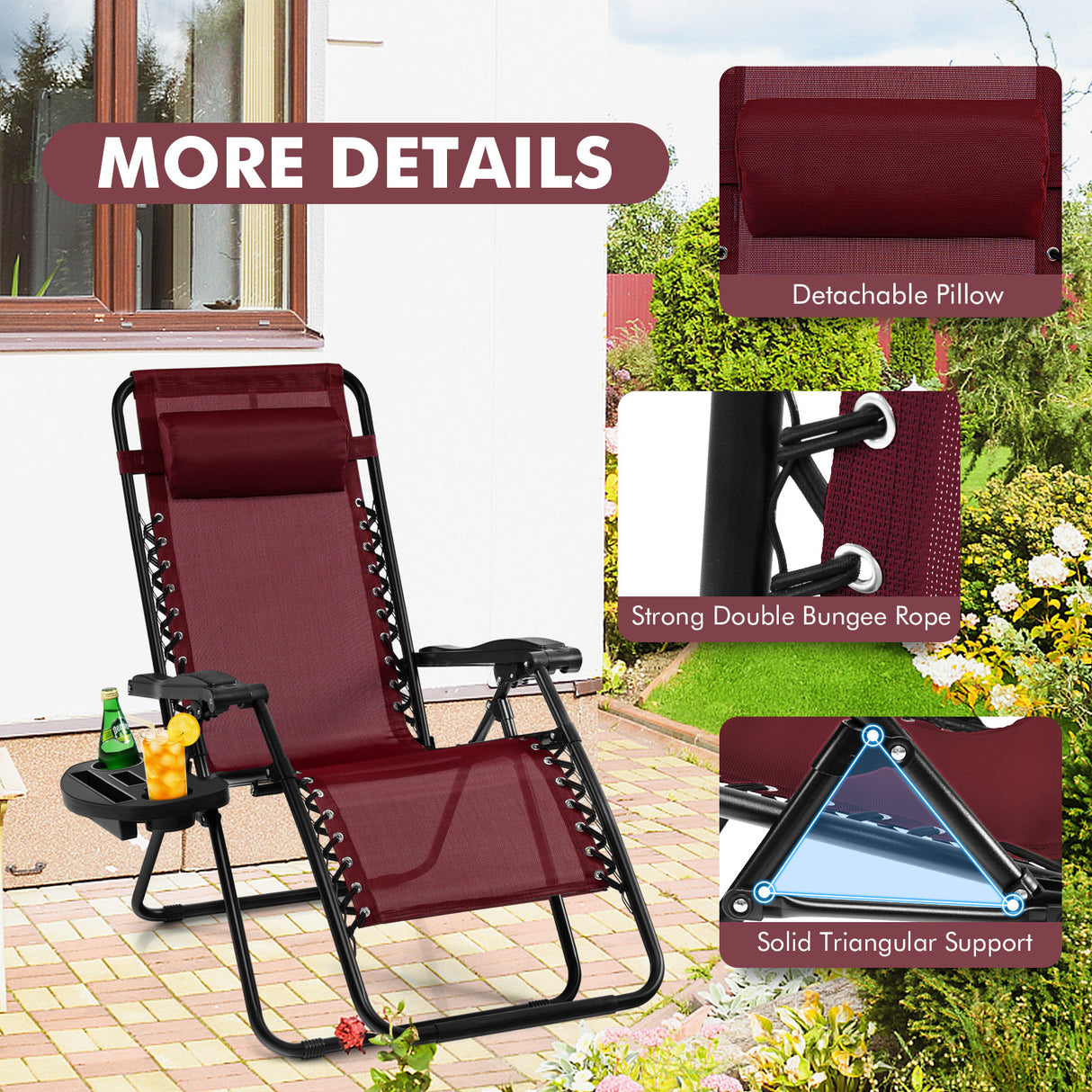 Outdoor Folding Zero Gravity Reclining Lounge Chair with Utility Tray